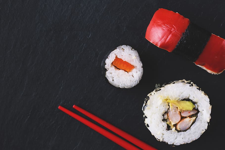 Sushi and Red Chopsticks, food and Drink, asian, plate, japanese food, HD wallpaper
