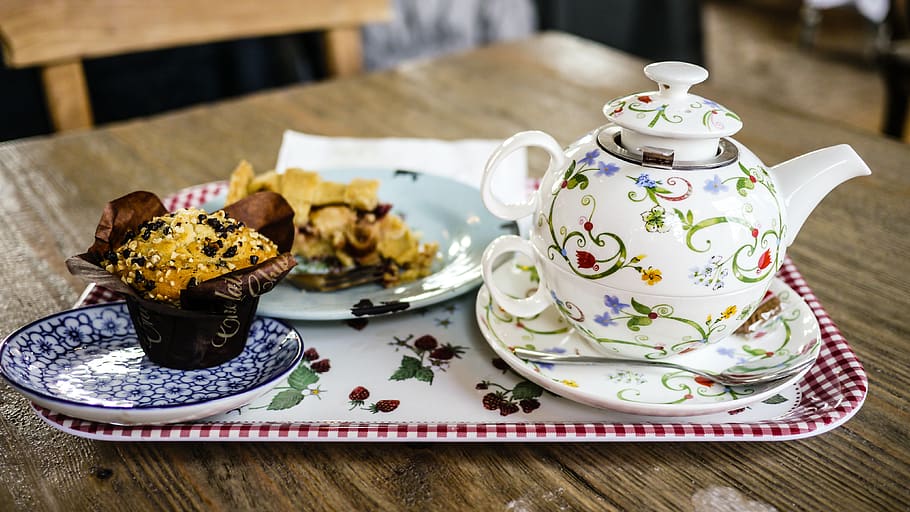 tea, muffin, cake, cafe, food and drink, tea - hot drink, mug HD wallpaper
