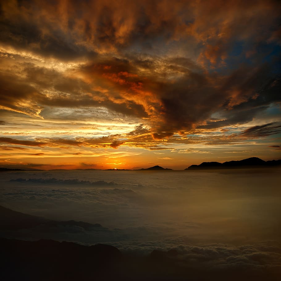 sunset, dawn, evening, dusk, waters, sky, landscape, dramatic HD wallpaper