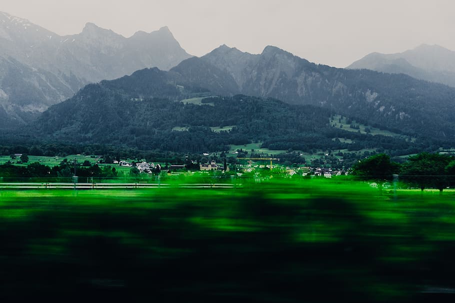 Train Crossing Mountain Lands, alps, background, Dawn, field HD wallpaper