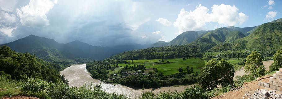 nepal, tea field, river, clouds, mountains, blue, forest, stream HD wallpaper