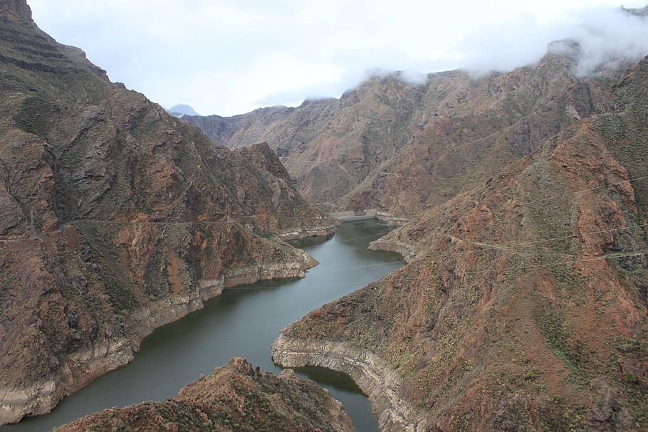 HD wallpaper: reservoir, parralillo, gran canaria, canyon, lake, river ...