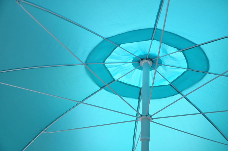 parasol, blue, summer, beach, heatwave, sea, holiday, sand, HD wallpaper