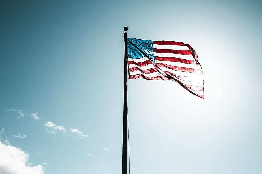 flag of U.S.A., patriotism, sky, low angle view, nature, pole, HD wallpaper