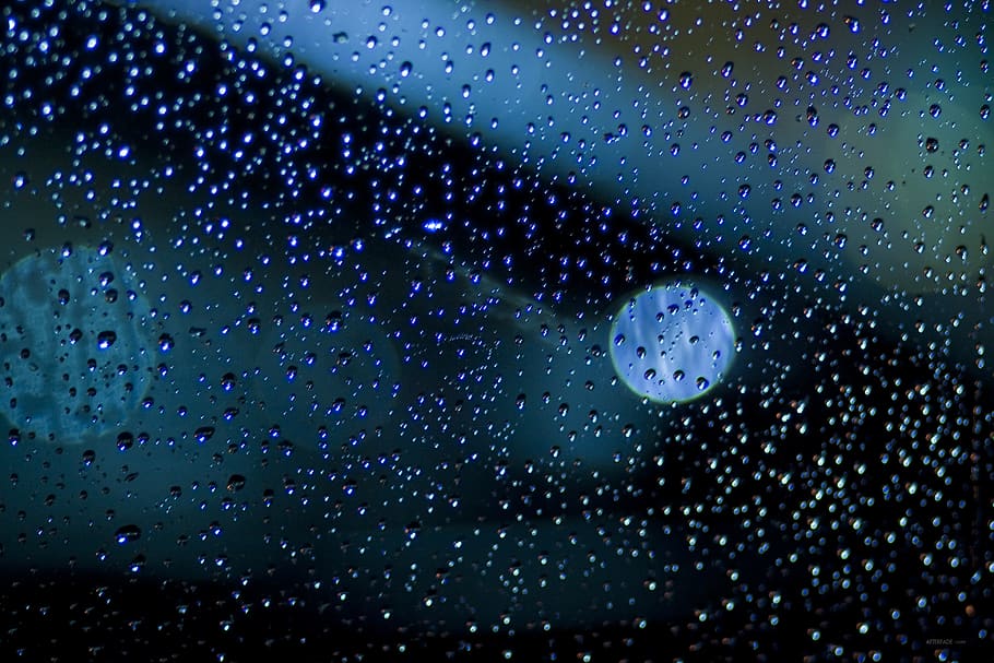 Water Drops, blue, blur, clear, color, dark, illuminated, lights HD wallpaper