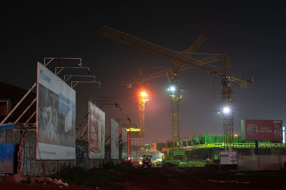 construction crane, outdoors, road, nature, billboard, advertisement HD wallpaper