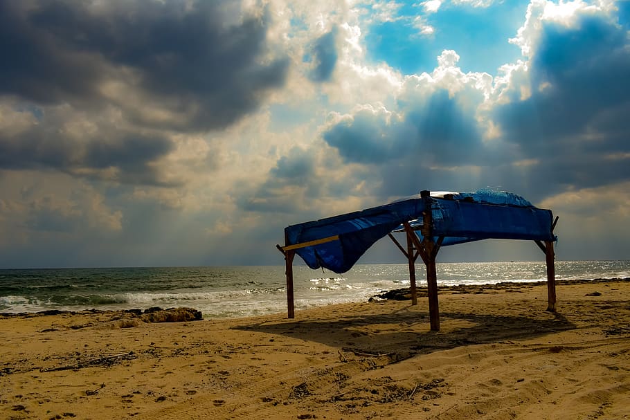 beach, sky, clouds, overcast, stall, autumn, stormy, weather HD wallpaper