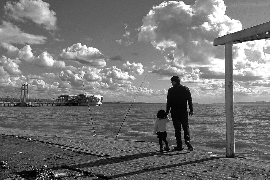 durres, durrës, clouds, ocean, sea, fishing, parenting, father HD wallpaper