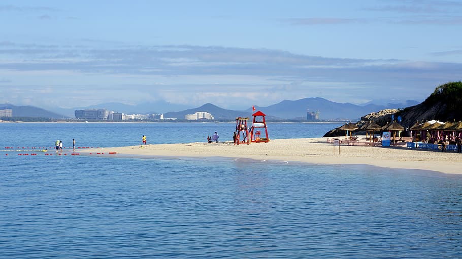 china, sanya, ocean, water, sea, sky, land, beach, mountain HD wallpaper