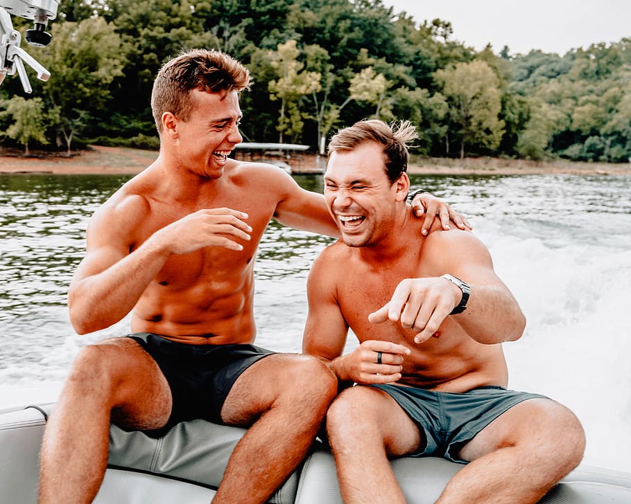 two men sitting on boat while laughing, human, person, apparel HD wallpaper
