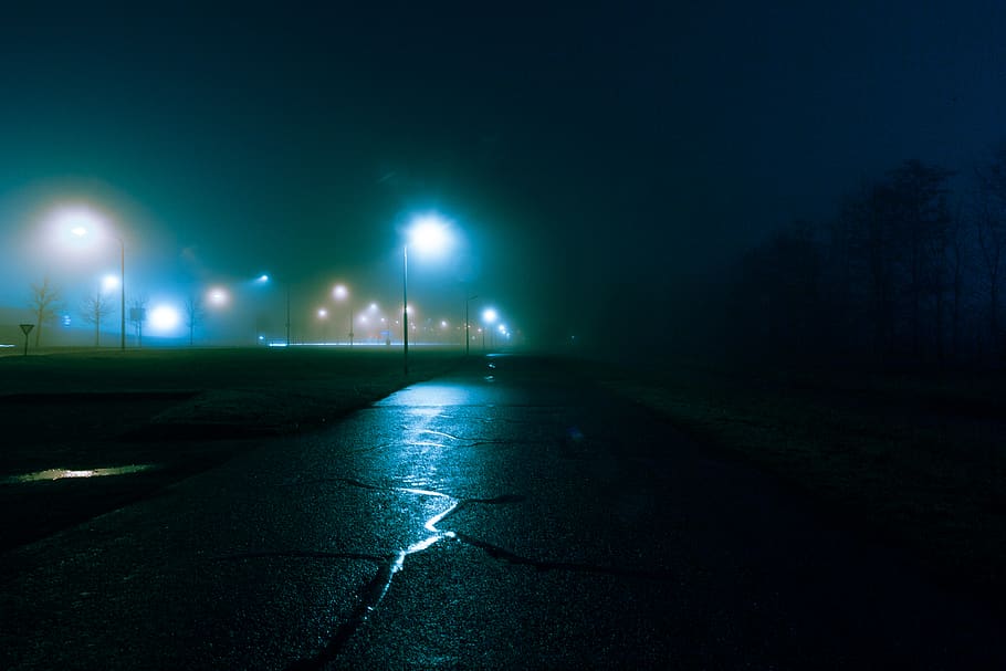 HD wallpaper: night, light, fog, road, path, evening, illuminated ...