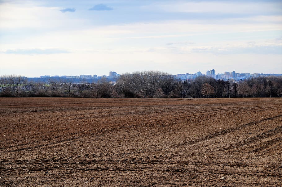 field, spring, plowed, horizon, city, housing estate, prague HD wallpaper