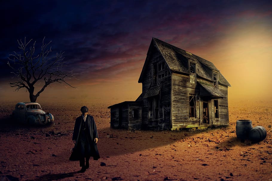 house, man, tree, old age, machine, care, the abandoned, sky HD wallpaper