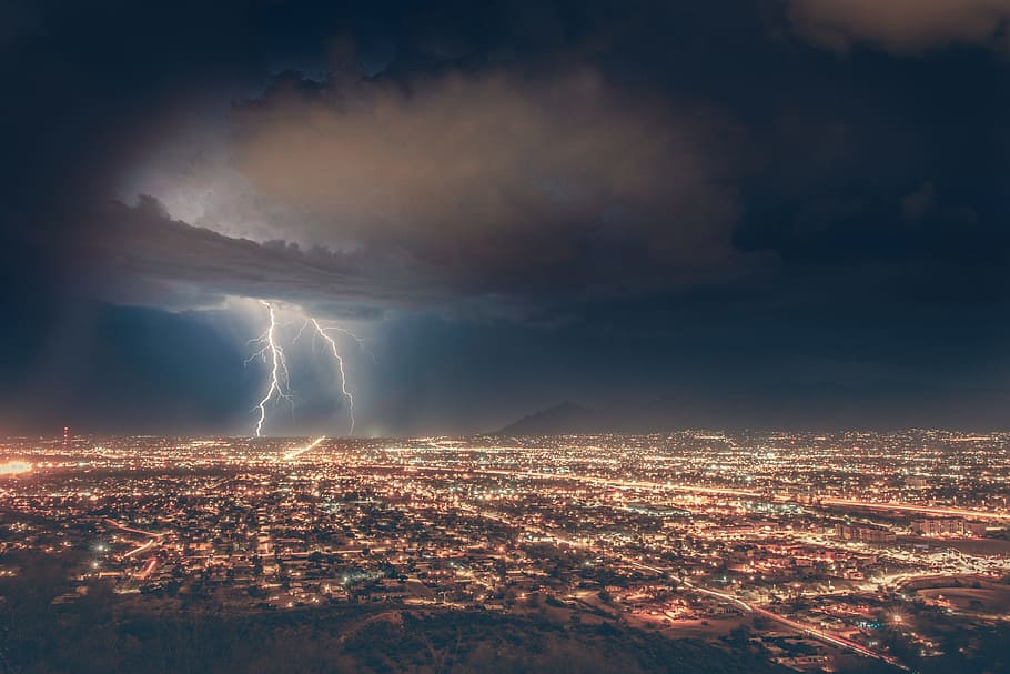 high rise buildings, lightning, city, night, storm, bolt, strike HD wallpaper