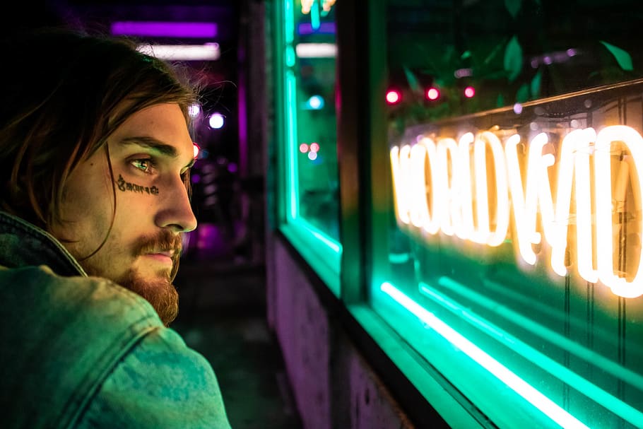 Man Near Neon Sign, illuminated, light, person, tattoo, one person HD wallpaper