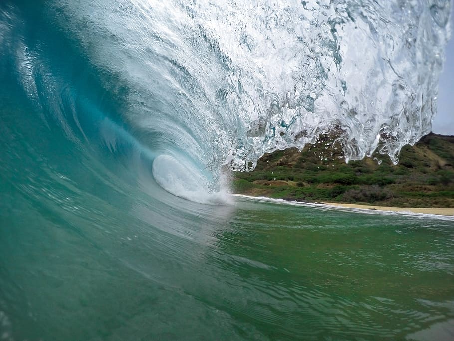 A macro shot of an incoming wave., surf, island, tropical, oahu