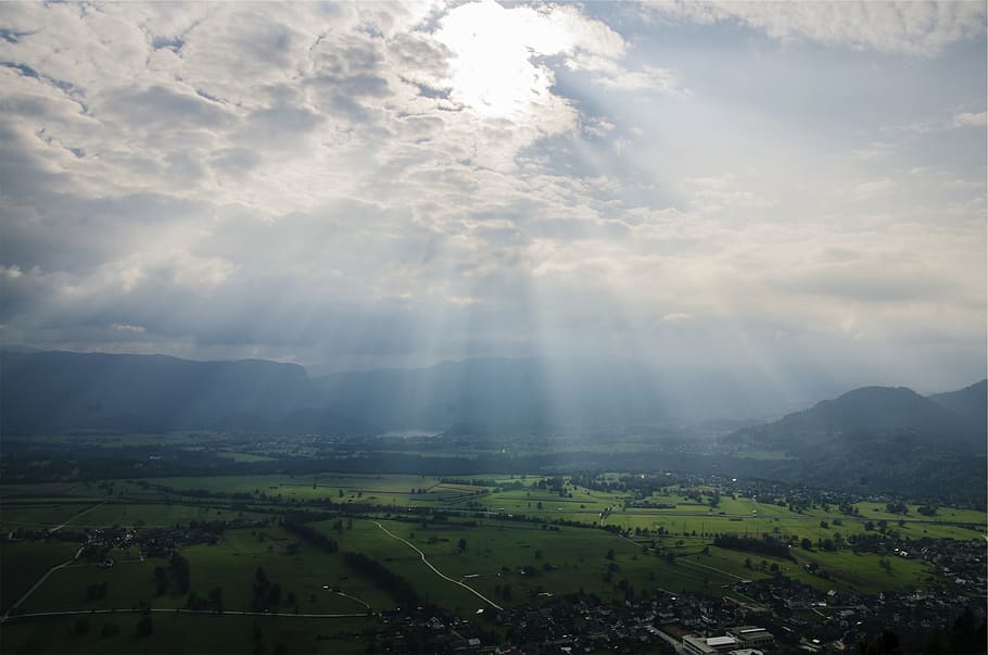 sunbeams, sky, clouds, landscape, green, grass, fields, trees HD wallpaper