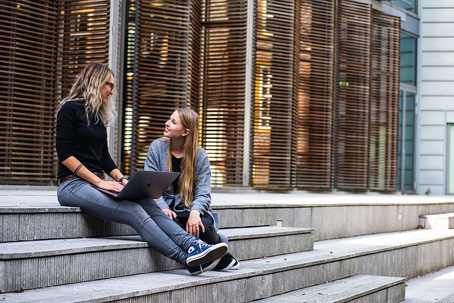 Two Women Having Conversation on Stairs, architecture, asking HD wallpaper
