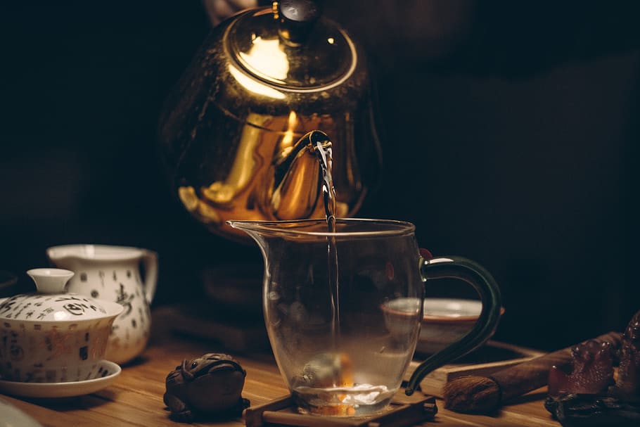 Gold Steel Kettle Beside Clear Glass Pitcher, caffeine, cup, dark HD wallpaper