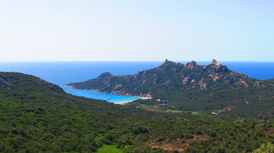 mountains, sea, sky, trees, forest, landscape of corsica, beach HD wallpaper