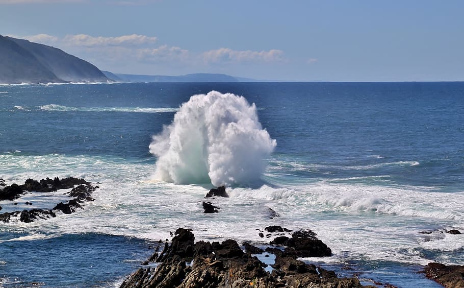 Water Blast in Ocean, beach, coast, rocks, sea, seascape, splash HD wallpaper