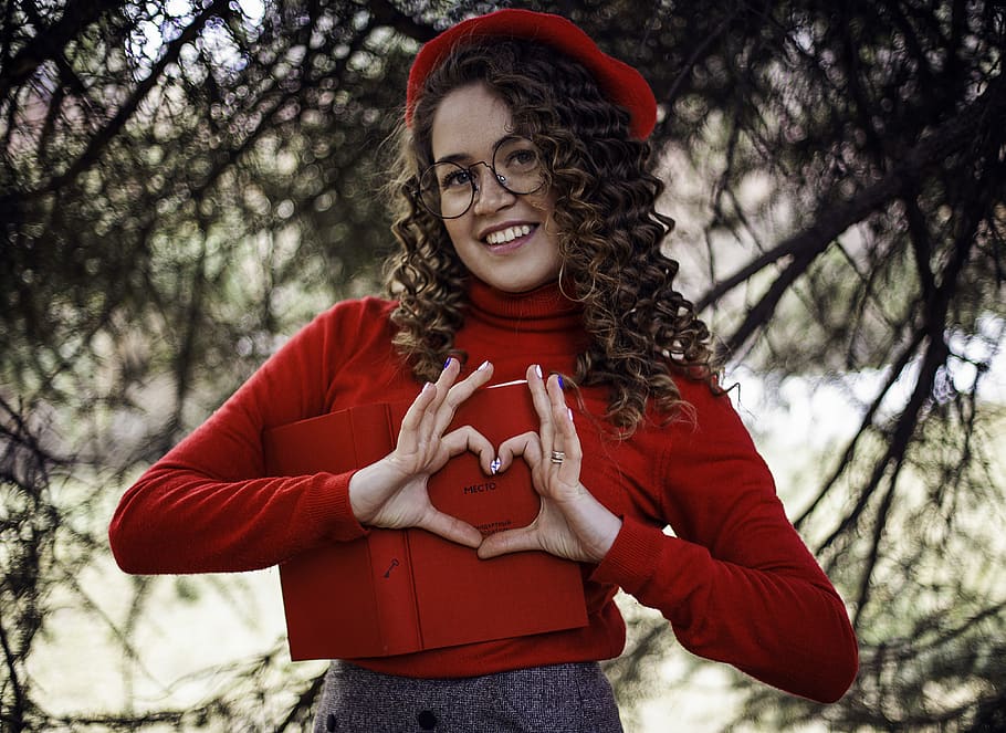 Woman in Read Long-sleeved Top Making Heart Shape Using Her Hands, HD wallpaper