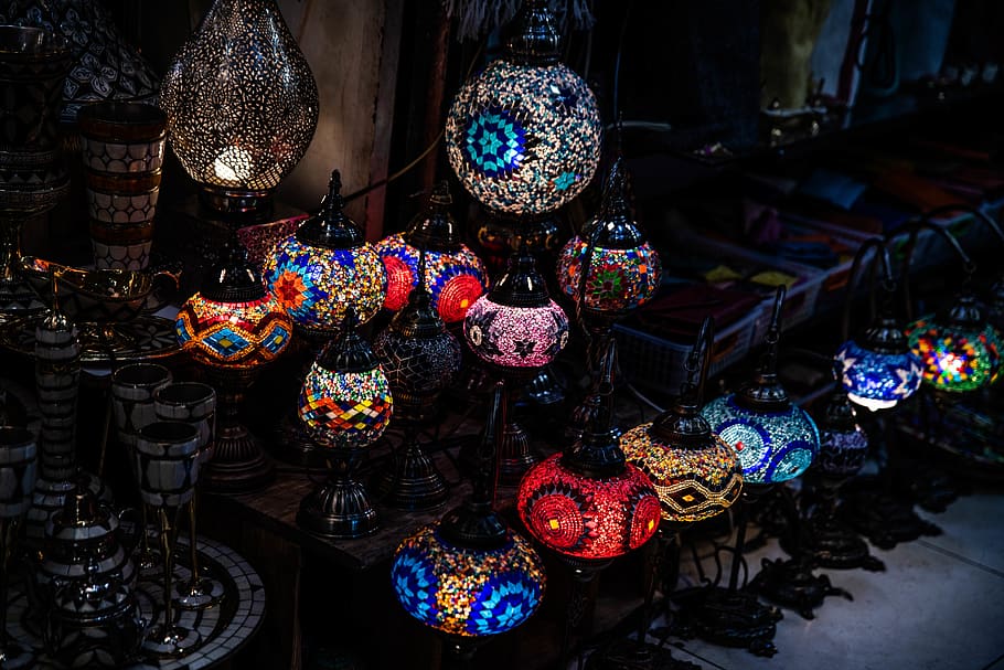 sphere, market, shop, bazaar, lamp, lighting, crystal, wheel, HD wallpaper