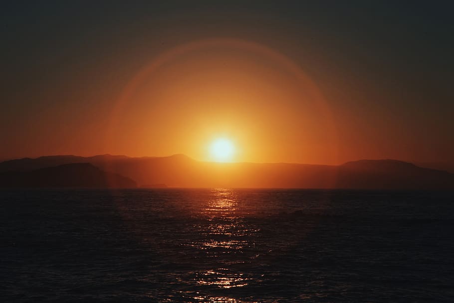 greece, chania, mountains, sun, orange, evening, day, sunset HD wallpaper
