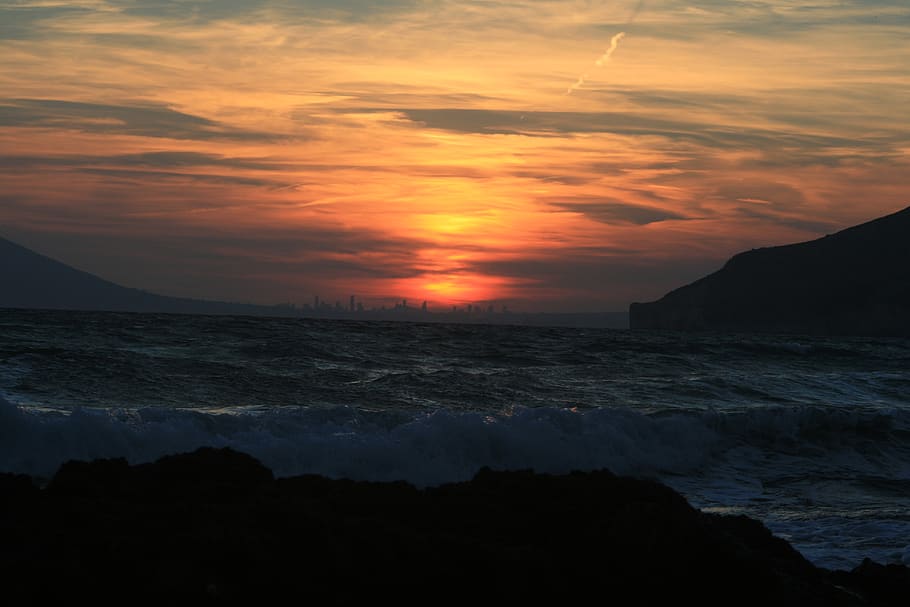 sunset, sea, sky, clouds, water, nature, dusk, atmospheric HD wallpaper