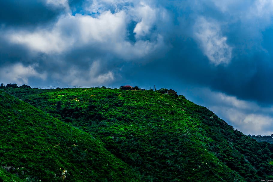 Landscape Photography of Green Mountain Under Cloudy Sky, clouds HD wallpaper
