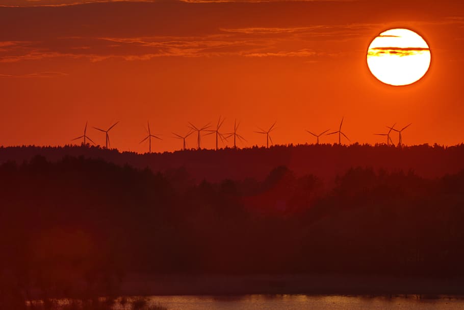 sun, sunset, energy, orange, windfarm, turbines, windturbines HD wallpaper