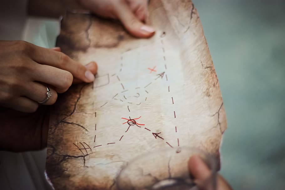 treasure map, navigation, exploration, hands, people, directions