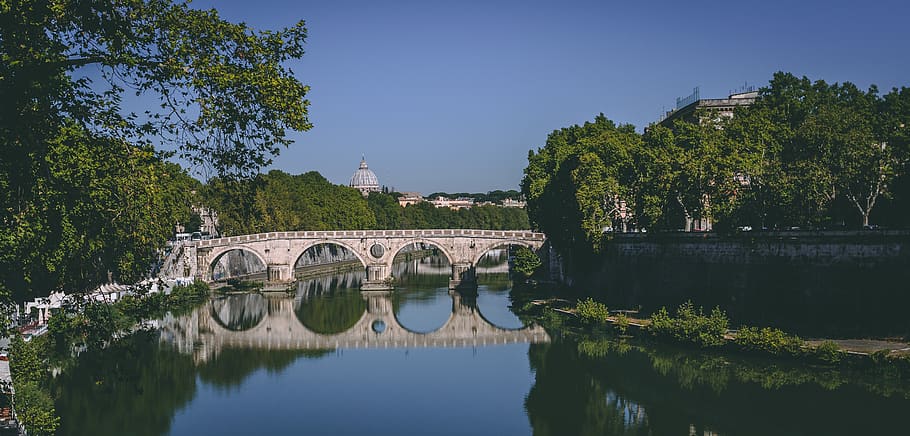 italy, rome, river, bridge, reflection, city, trees, sky, clear sky HD wallpaper