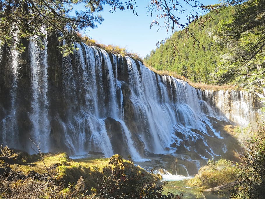 waterfalls, river, grass, trees, green, nature, rocks, Nuoerliang Waterfall HD wallpaper
