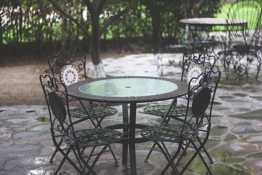 table, seat, absence, empty, chair, day, tree, no people, plant HD wallpaper