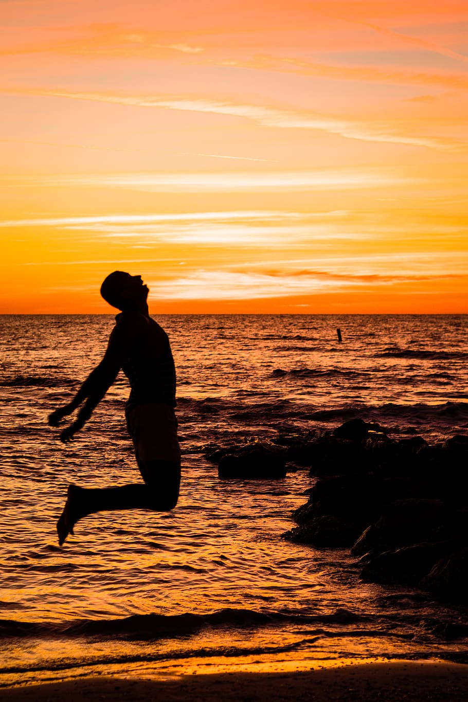 Man Jumping on Sea, backlit, beach, dawn, evening, HD wallpaper HD wallpaper