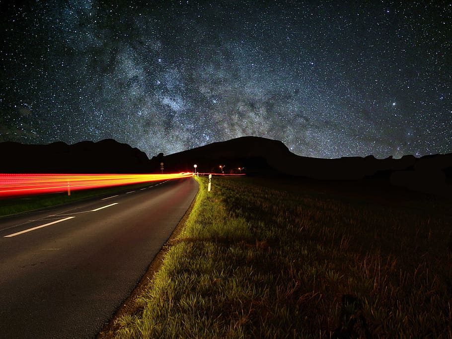 long exposure photography of car, road, light trail, sky, star HD wallpaper