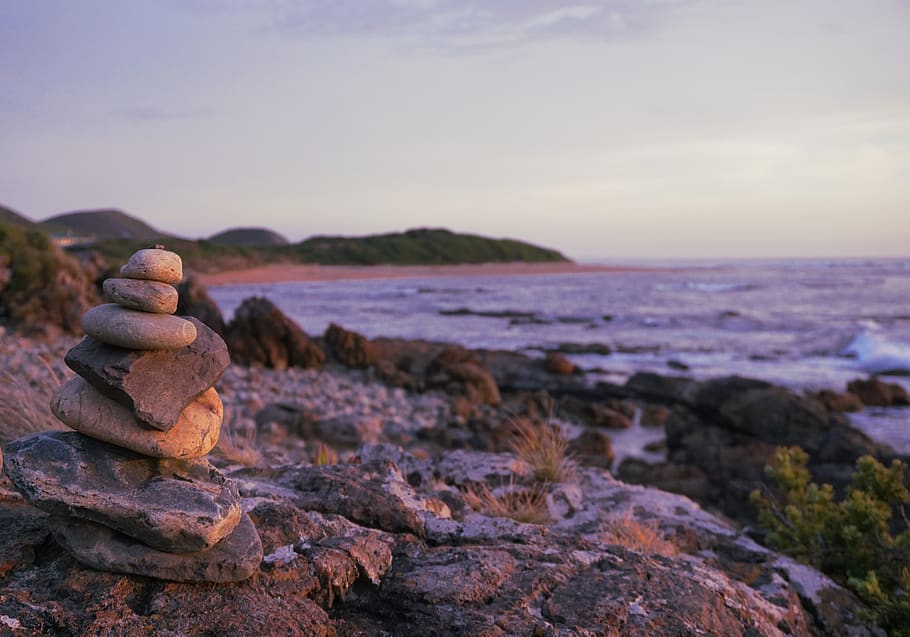 coast, beach, cairn, evening, sea, ocean, summer, vacation HD wallpaper
