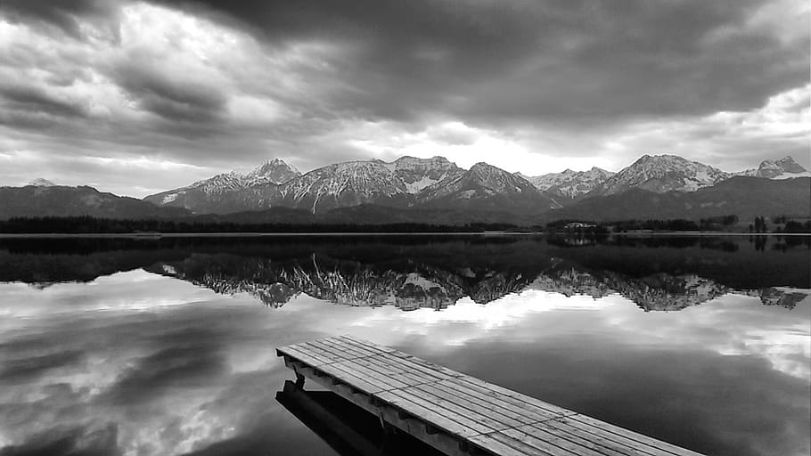 Gray Scale Photo of Body of Water, black-and-white, clouds, dawn HD wallpaper