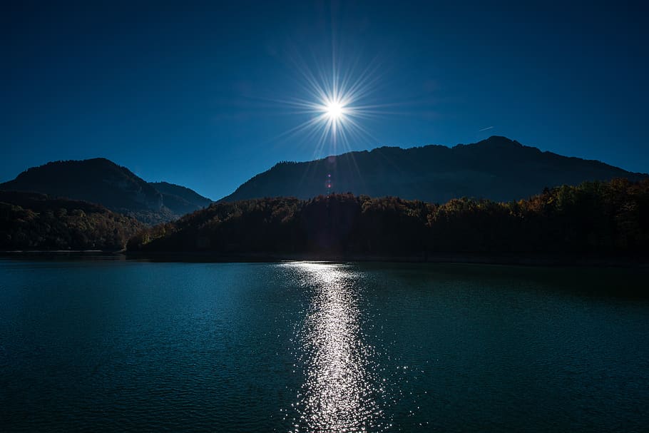 night, sky, moon, light, mountain, highland, landscape, lake HD wallpaper