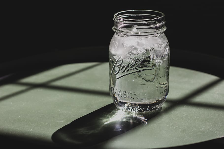 glass, jar, ice, cold, water, table, shadow, dark, room, glass - material HD wallpaper