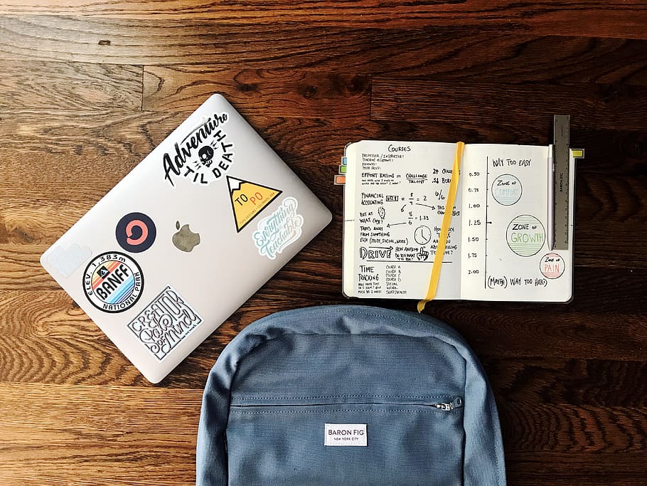 flat lay photography of blue backpack beside book and silver MacBook, HD wallpaper