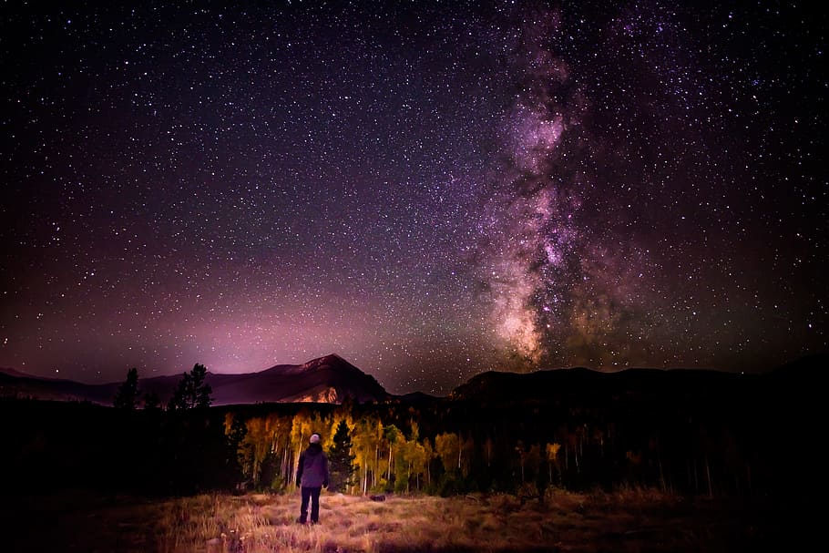 mountain, trees, night, dark, sky, stars, galaxy, people, man HD wallpaper