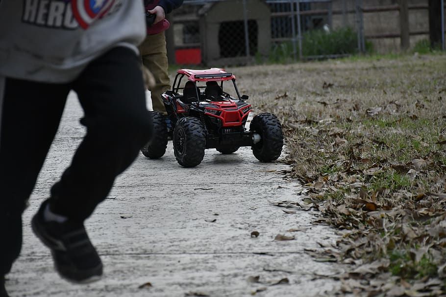 red RC car, machine, wheel, human, person, vehicle, buggy, transportation HD wallpaper