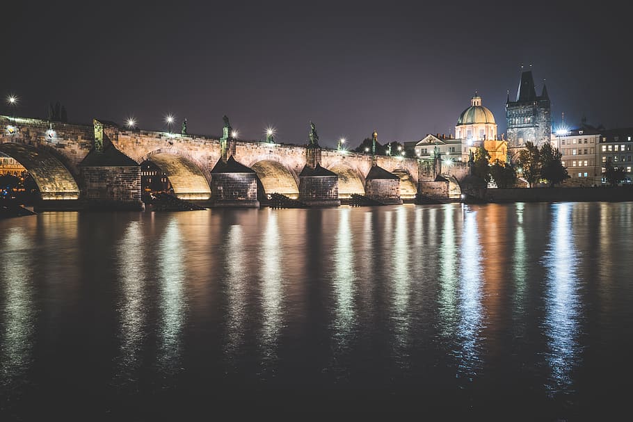 Charles Bridge in Prague at Night, architecture, capital city
