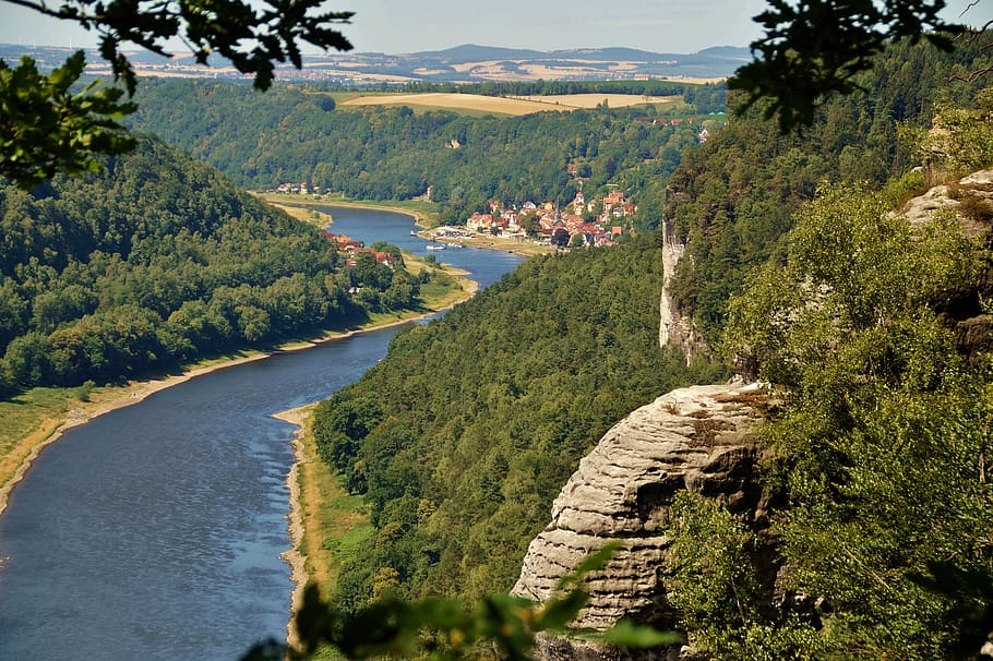sandstone, rocks, services, germany, elbe, wooded, bank, river HD wallpaper