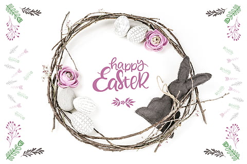 happy easter, bunny, flowers, cute, spring, hare, sweet, decoration HD wallpaper