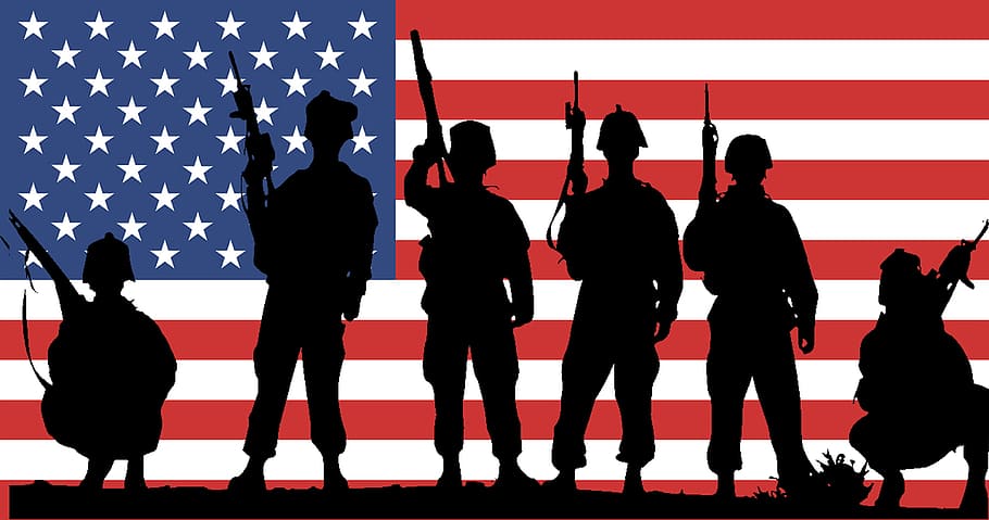 usa, flag, army, soldiers, silhouette, stripes, stars, war