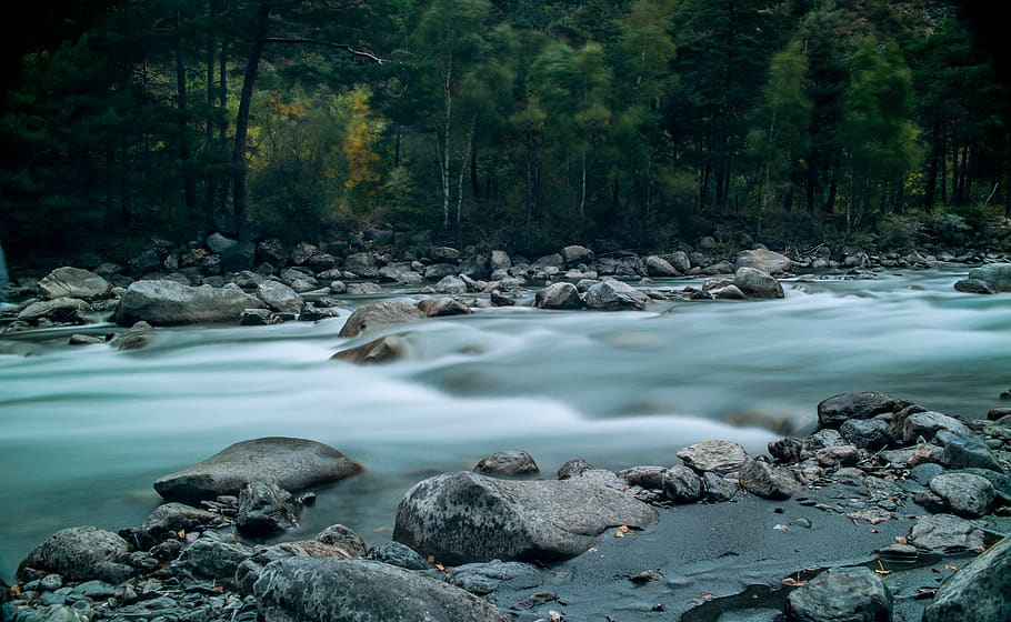 river, trees, long exposure, blur, fast water, alps, mountains HD wallpaper