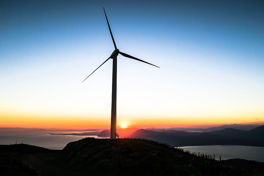 mountain, sky, dark, sunset, road, nature, windmill, ocean HD wallpaper
